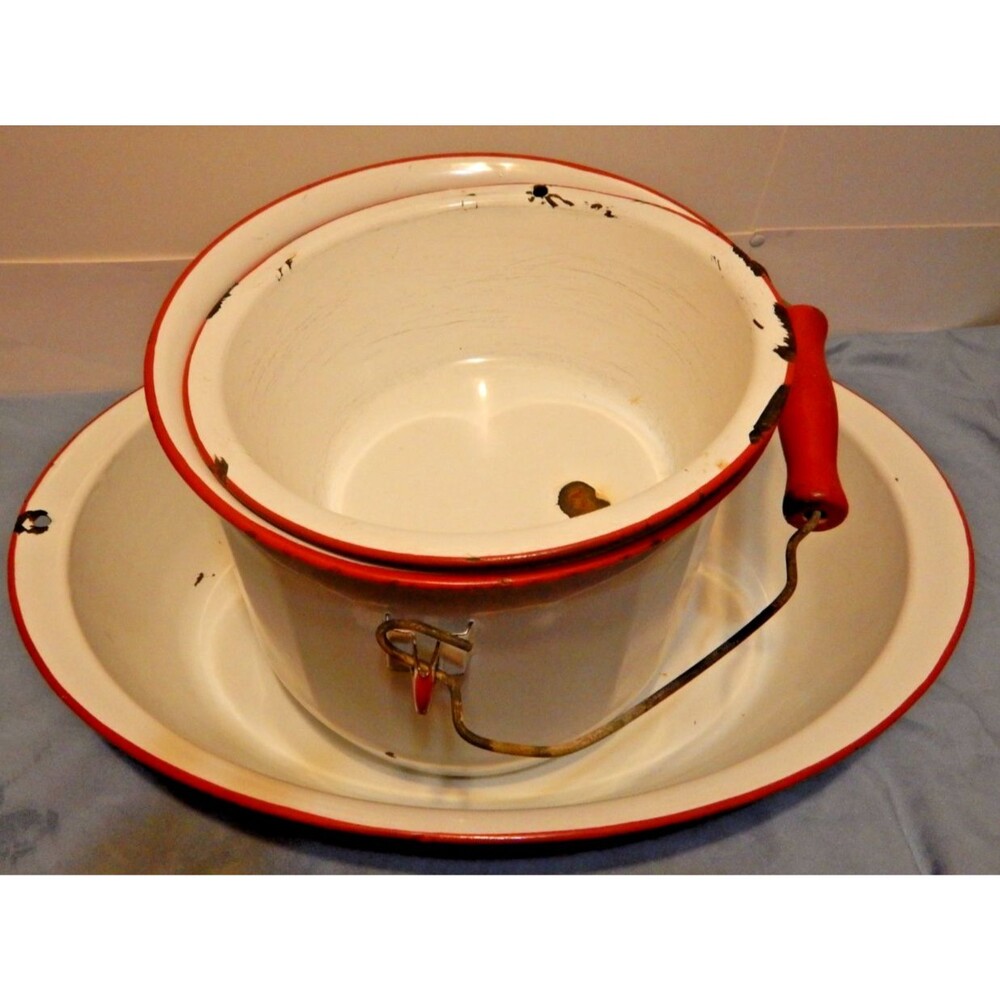 Vintage Enamelware 3 Pc Lot Chamber Pot Wash Basin Bowl White Red Trim Farmhouse